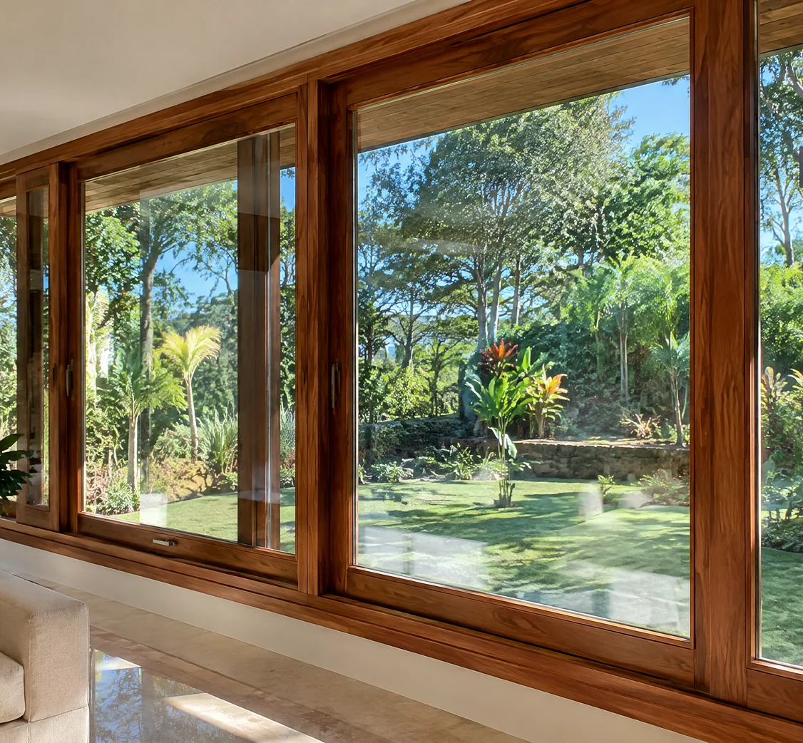 Sala integrada com portas e janelas de madeira da Esquadrias Irmãos Ló